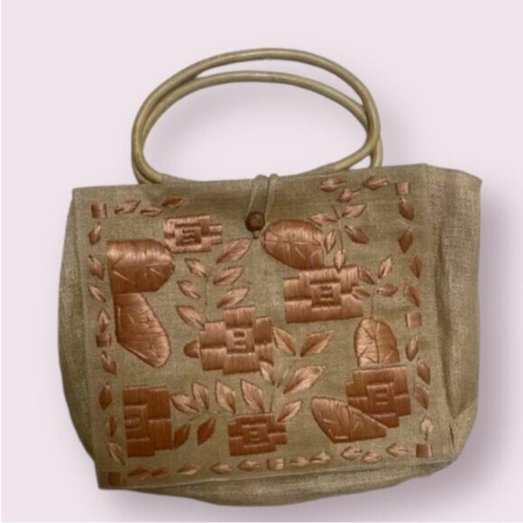 ⭐️ Embroidered Peach Boho Rattan Wicker Picnic Beach Hipster Tote Bag Purse - Picture 1 of 6